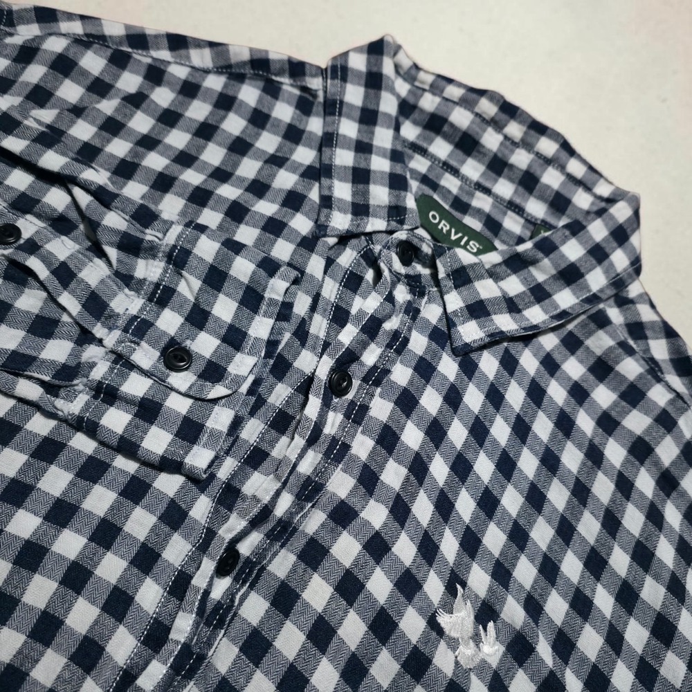 Orvis Plaid Linen Tencel Blend Long Sleeve Button Down Shirt Men's XL White Blue